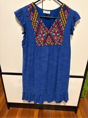 THML Royal Blue Boho-Native Embroidered V-Neck Women’s Dress